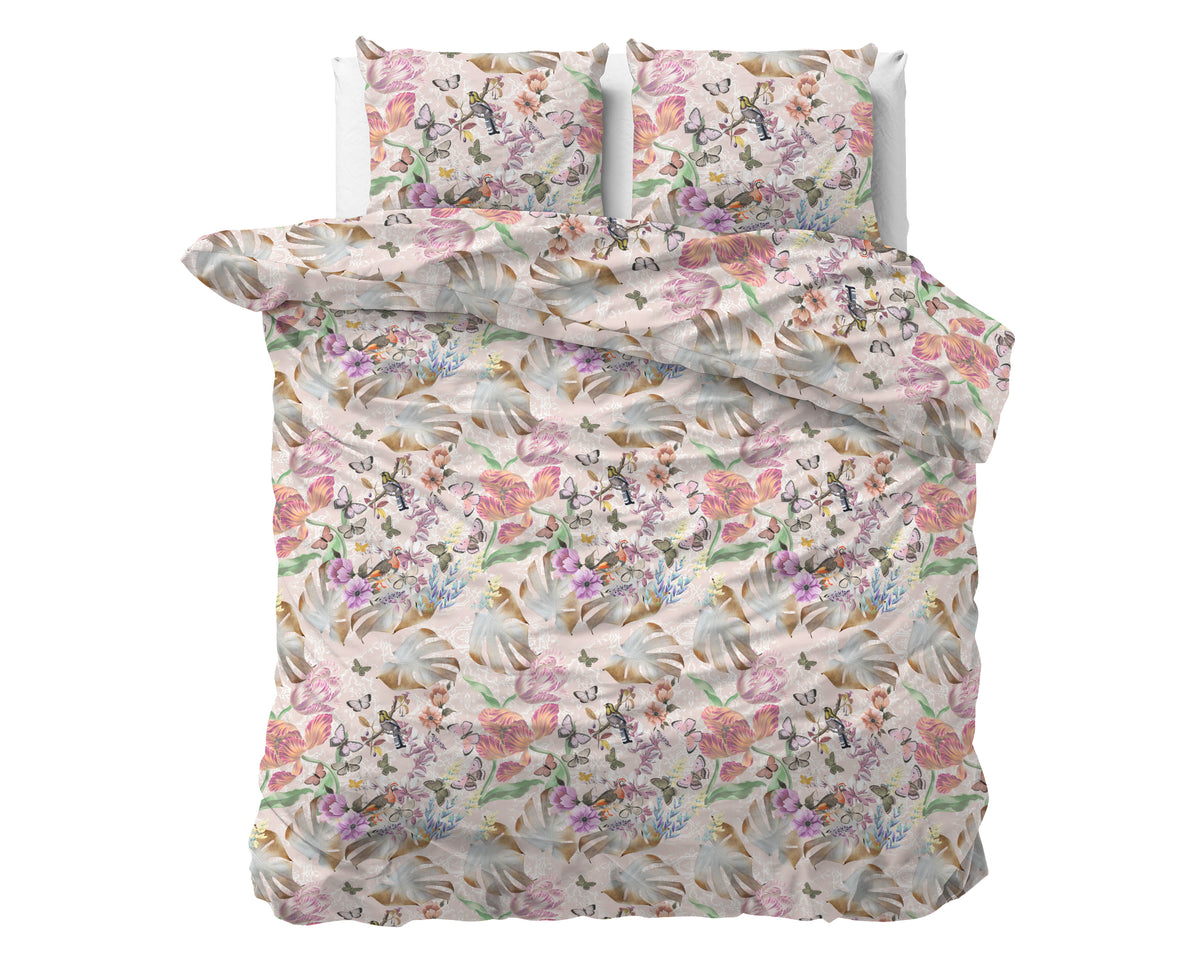 Dekbedovertrek katoen/polyester bloemenprint roze 240 x 220 cm, met 2 kussenslopen 60 x 70 cm