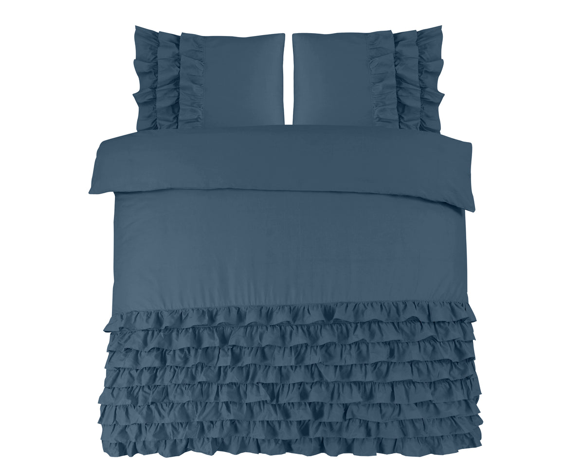 Dekbedovertrek percaline katoen Cyprus blauw met ruches 200 x 220 cm, incl. kussenslopen 60 x 70 cm