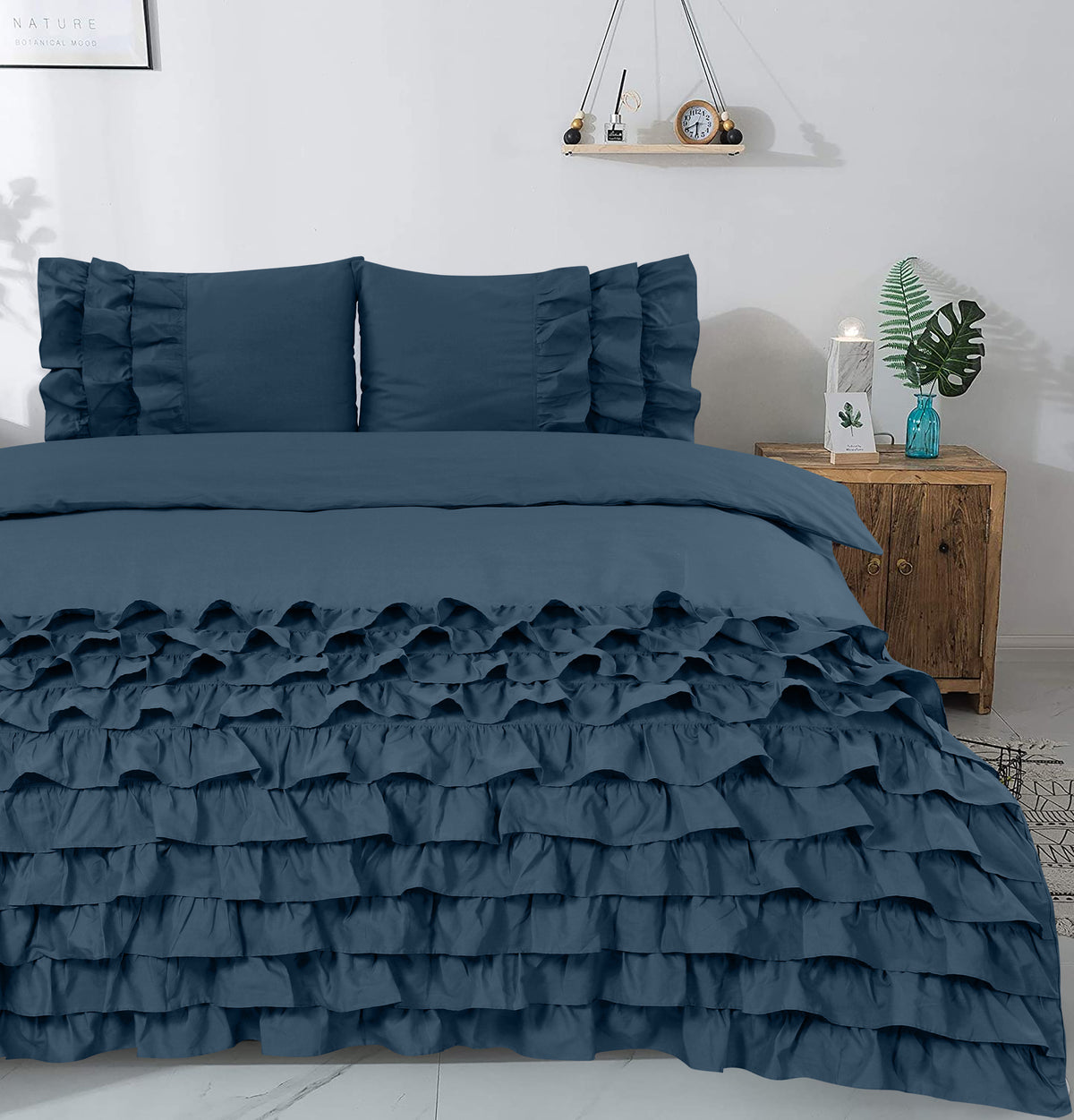 Dekbedovertrek percaline katoen Cyprus blauw met ruches 200 x 220 cm, incl. kussenslopen 60 x 70 cm