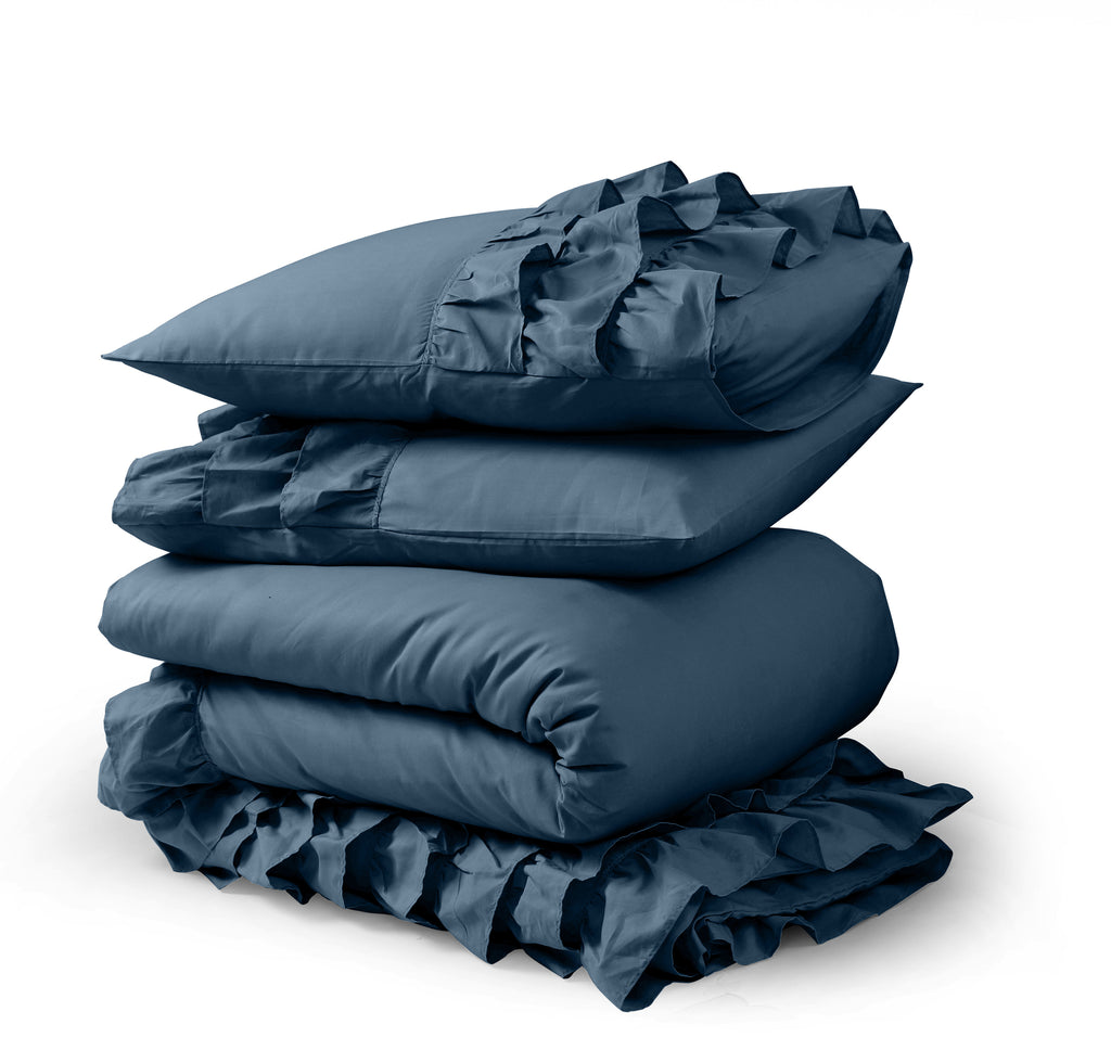 Dekbedovertrek percaline katoen Cyprus blauw met ruches 200 x 220 cm, incl. kussenslopen 60 x 70 cm