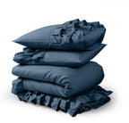Dekbedovertrek percaline katoen Cyprus blauw met ruches 200 x 220 cm, incl. kussenslopen 60 x 70 cm