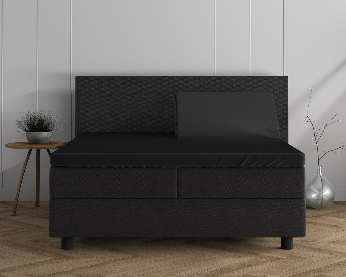 Hoeslaken splittopper dubbel jersey katoen zwart 180 x 200/220 cm, split 100 cm, topperdikte 8–15 cm
