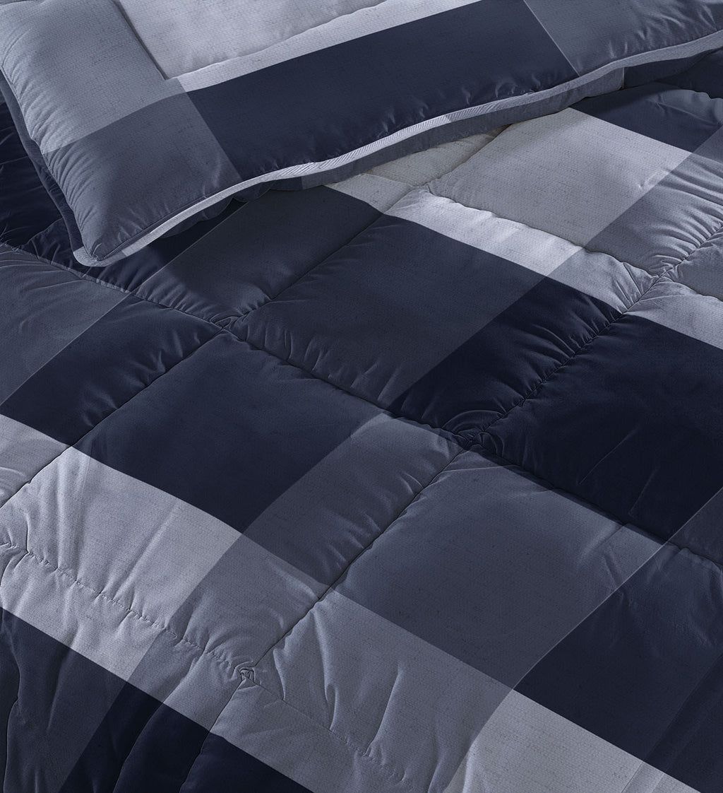 Lazy dekbed alles-in-één microvezel blauw geblokt 200 x 200 cm, met 2 kussenslopen 60 x 70 cm