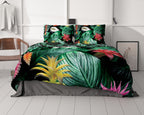 Dekbedovertrek katoensatijn Cintia groen met tropische bloemenprint 240 x 220 cm, met 2 kussenslopen 60 x 70 cm
