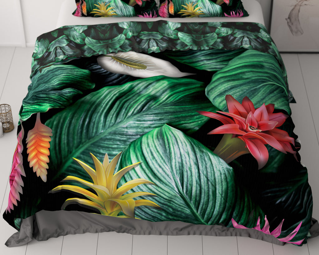 Dekbedovertrek katoensatijn Cintia groen met tropische bloemenprint 240 x 220 cm, met 2 kussenslopen 60 x 70 cm