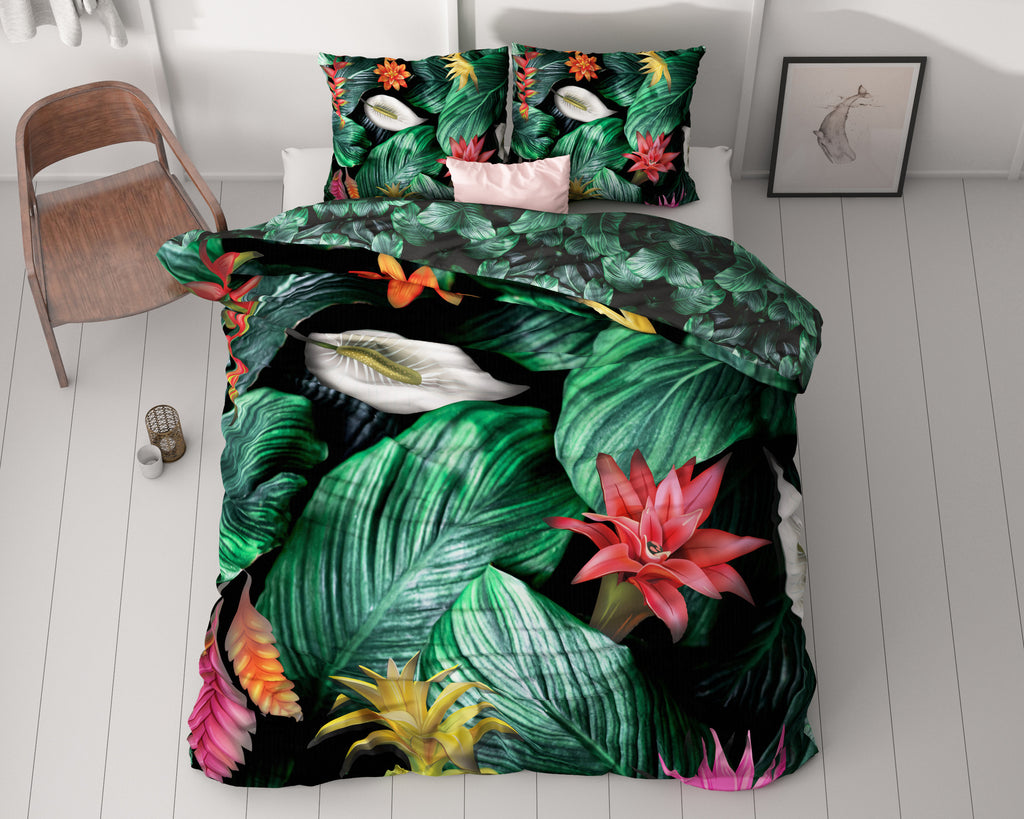 Dekbedovertrek katoensatijn Cintia groen met tropische bloemenprint 240 x 220 cm, met 2 kussenslopen 60 x 70 cm