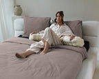 Dekbedovertrek wafel katoen percale taupe 140 x 200/260 cm, met kussenslopen en drukknopen