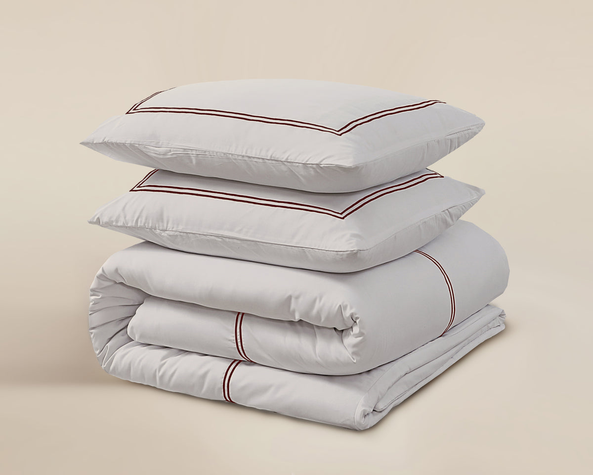 Dekbedovertrek katoen percale Brata taupe met bronskleurige bies 200 x 200/260 cm, hotelsluiting