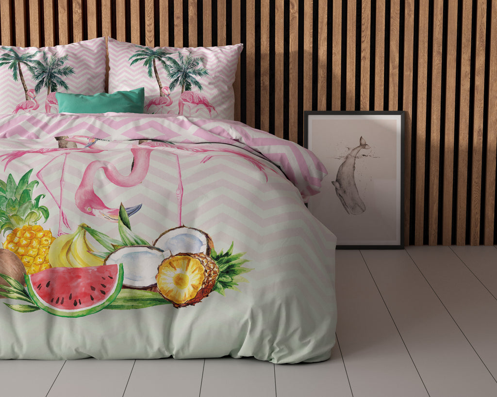 Dekbedovertrek microvezel flamingo roze en groen 240 x 220 cm, met 2 kussenslopen 60 x 70 cm