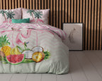 Dekbedovertrek microvezel flamingo roze en groen 240 x 220 cm, met 2 kussenslopen 60 x 70 cm