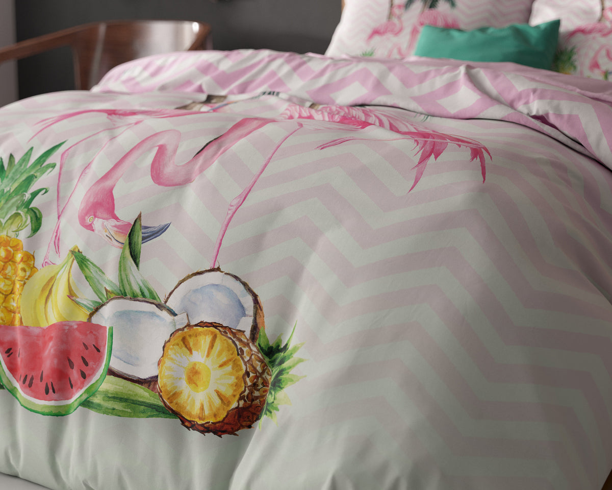 Dekbedovertrek microvezel flamingo roze en groen 240 x 220 cm, met 2 kussenslopen 60 x 70 cm