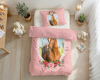 Dekbedovertrek microvezel roze met paard en rozen, 140 x 200/220 cm, met kussensloop 60 x 70 cm