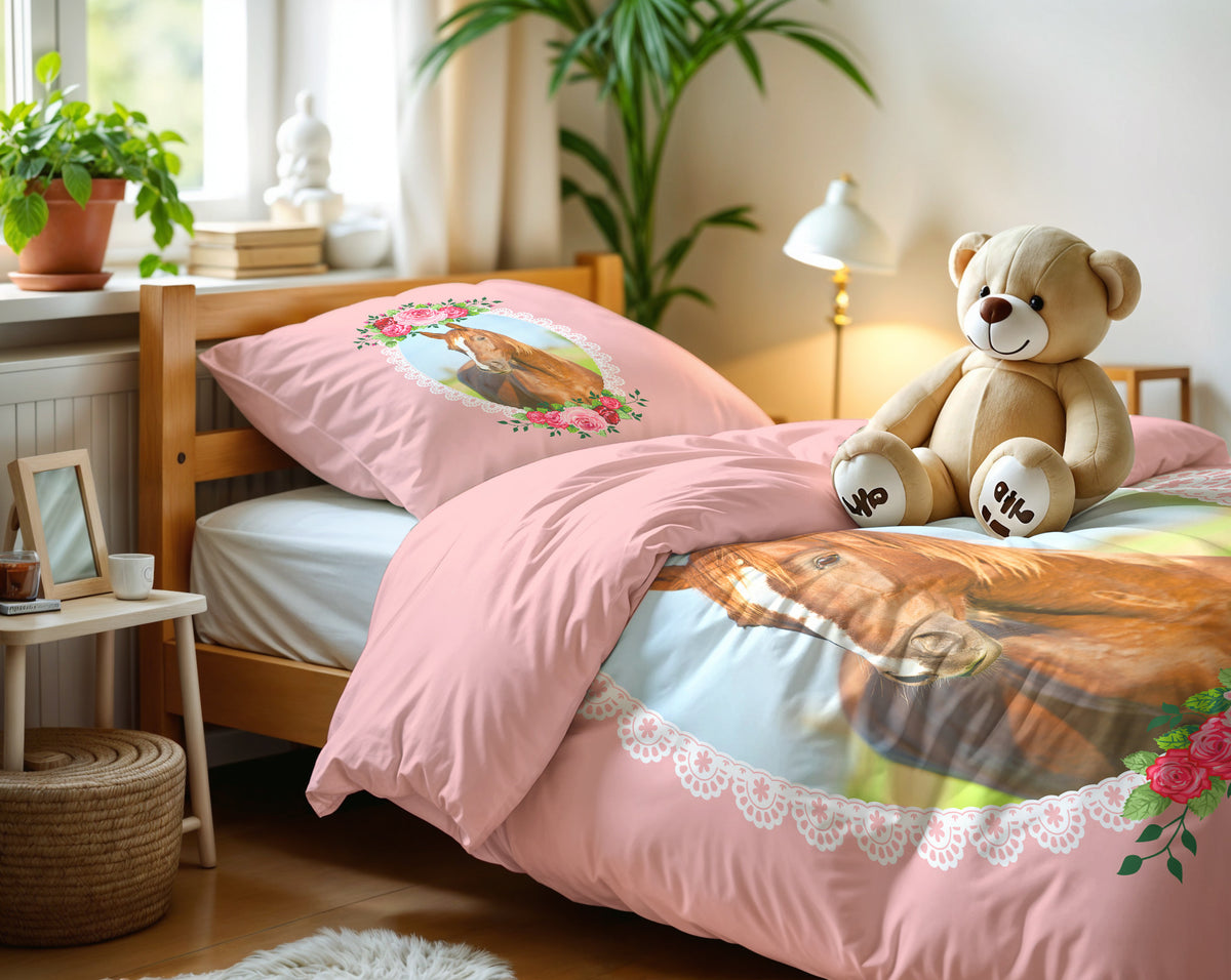 Dekbedovertrek microvezel roze met paard en rozen, 140 x 200/220 cm, met kussensloop 60 x 70 cm