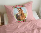 Dekbedovertrek microvezel roze met paard en rozen, 140 x 200/220 cm, met kussensloop 60 x 70 cm