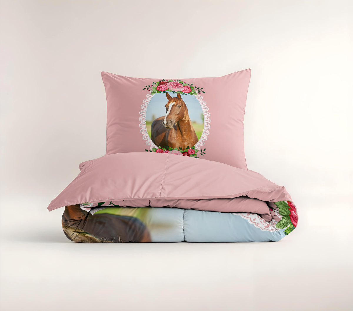 Dekbedovertrek microvezel roze met paard en rozen, 140 x 200/220 cm, met kussensloop 60 x 70 cm