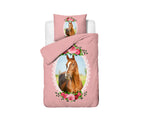 Dekbedovertrek microvezel roze met paard en rozen, 140 x 200/220 cm, met kussensloop 60 x 70 cm