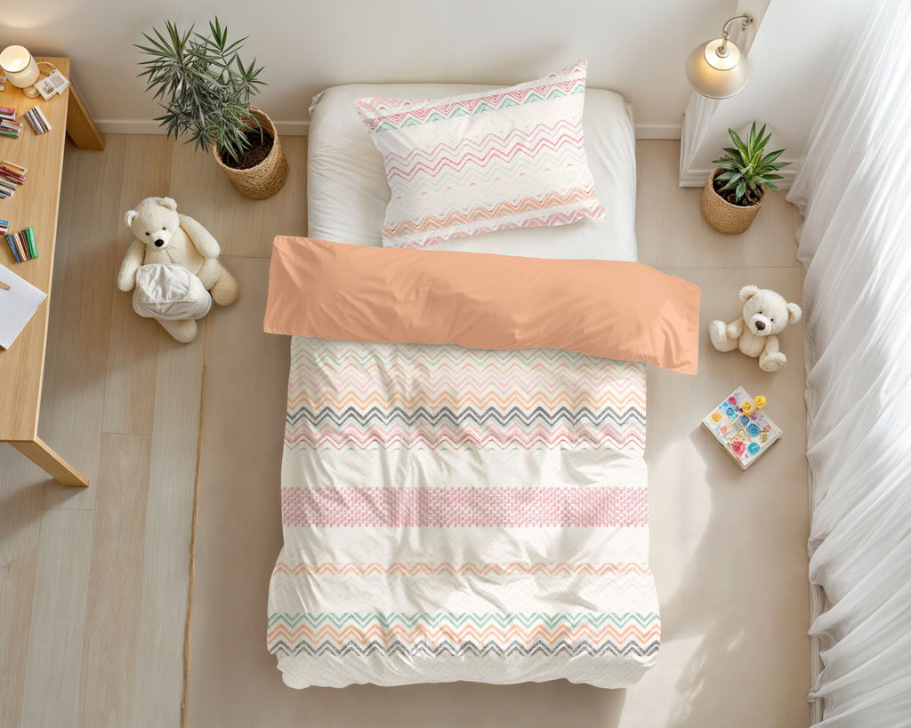 Dekbedovertrek microvezel Elaya roze met zigzagprint 140 x 200/220 cm, met kussensloop 60 x 70 cm