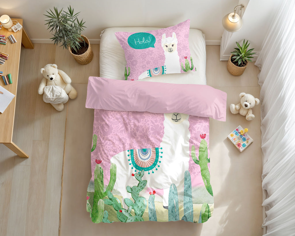 Dekbedovertrek microvezel roze met lama en cactussen 140 x 200/220 cm, met kussensloop 60 x 70 cm