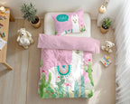 Dekbedovertrek microvezel roze met lama en cactussen 140 x 200/220 cm, met kussensloop 60 x 70 cm