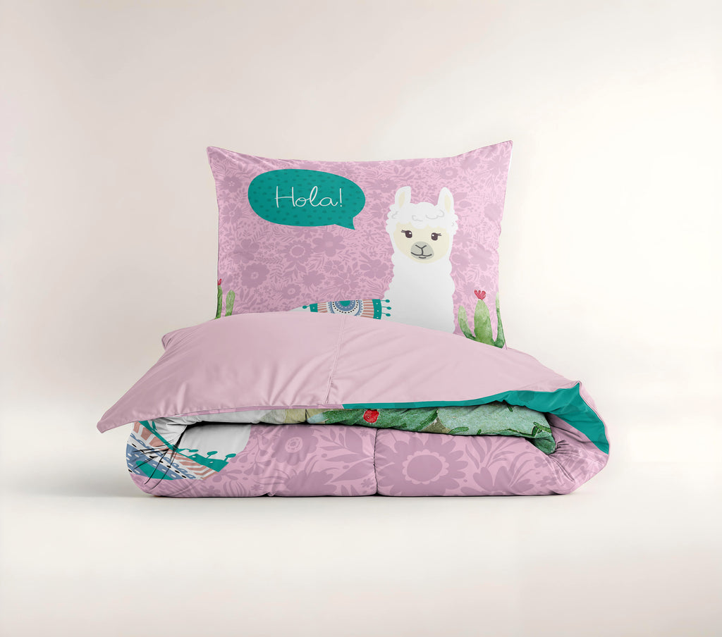Dekbedovertrek microvezel roze met lama en cactussen 140 x 200/220 cm, met kussensloop 60 x 70 cm