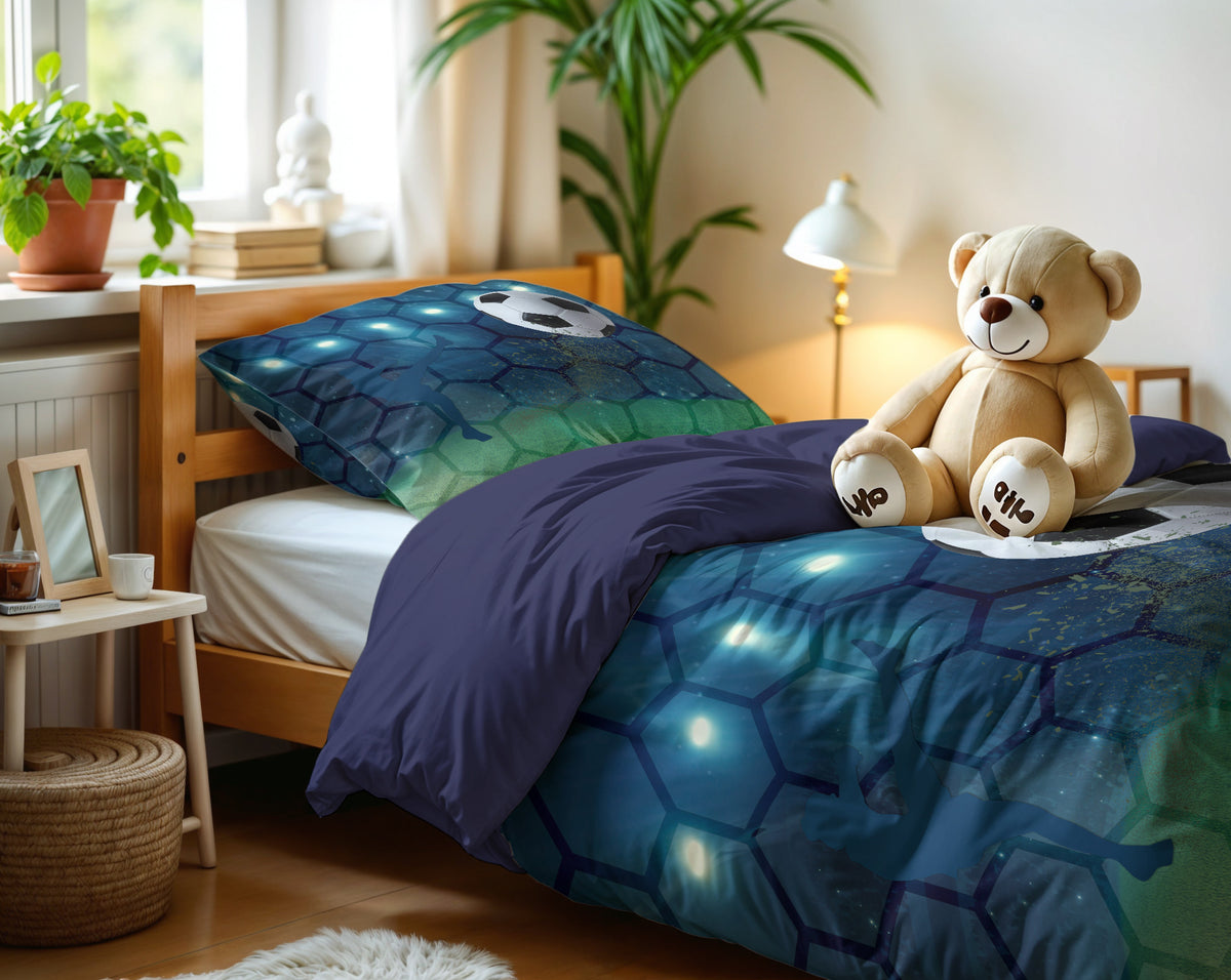 Dekbedovertrek microvezel voetbal blauw groen 140 x 200/220 cm, met kussensloop 60 x 70 cm