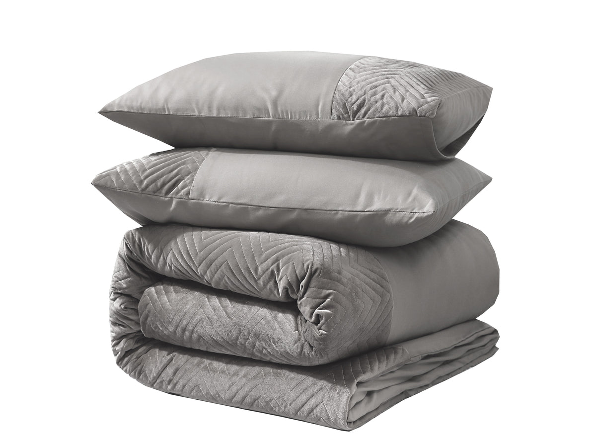 Dekbedovertrek velvet polyester zand/grijs, Crossline, 140 x 220 cm, met kussenslopen 60 x 70 cm