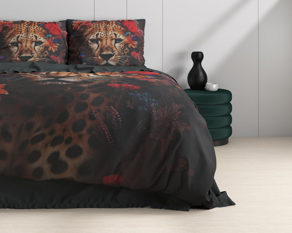 Dekbedovertrek katoensatijn Leopardo bloemenprint met cheetah, multicolor 140 x 220 cm, met 1 kussensloop 60 x 70 cm