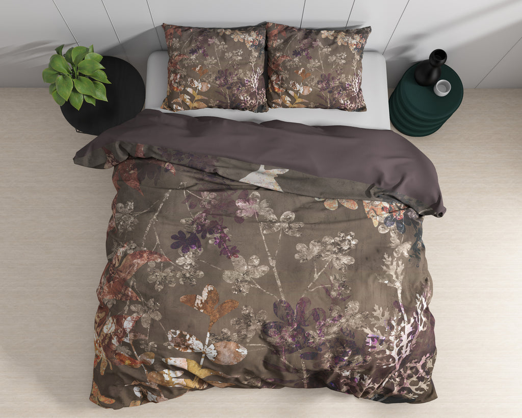 Dekbedovertrek katoensatijn Vivian bloemenprint taupe 240 x 220 cm, met kussenslopen 60 x 70 cm