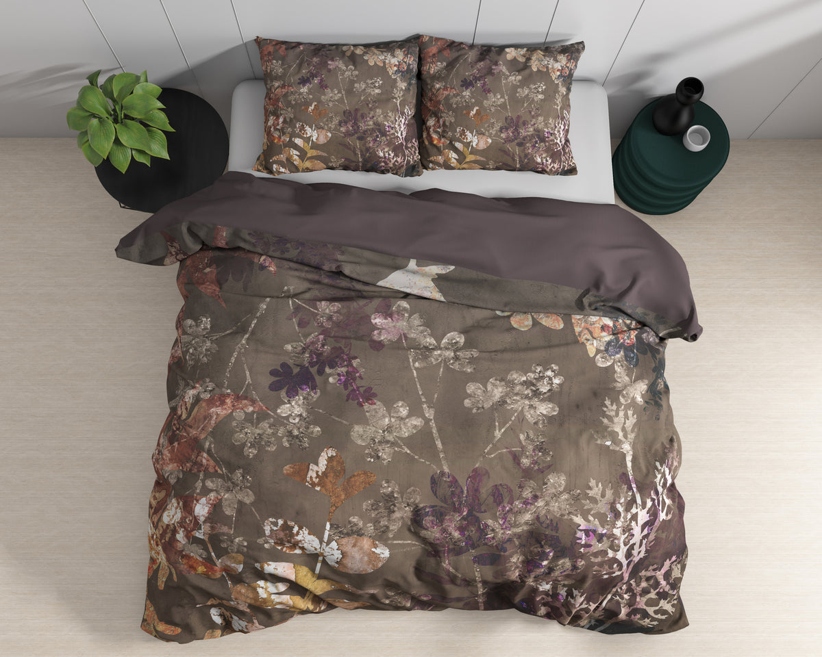 Dekbedovertrek katoensatijn Vivian bloemenprint taupe 240 x 220 cm, met kussenslopen 60 x 70 cm