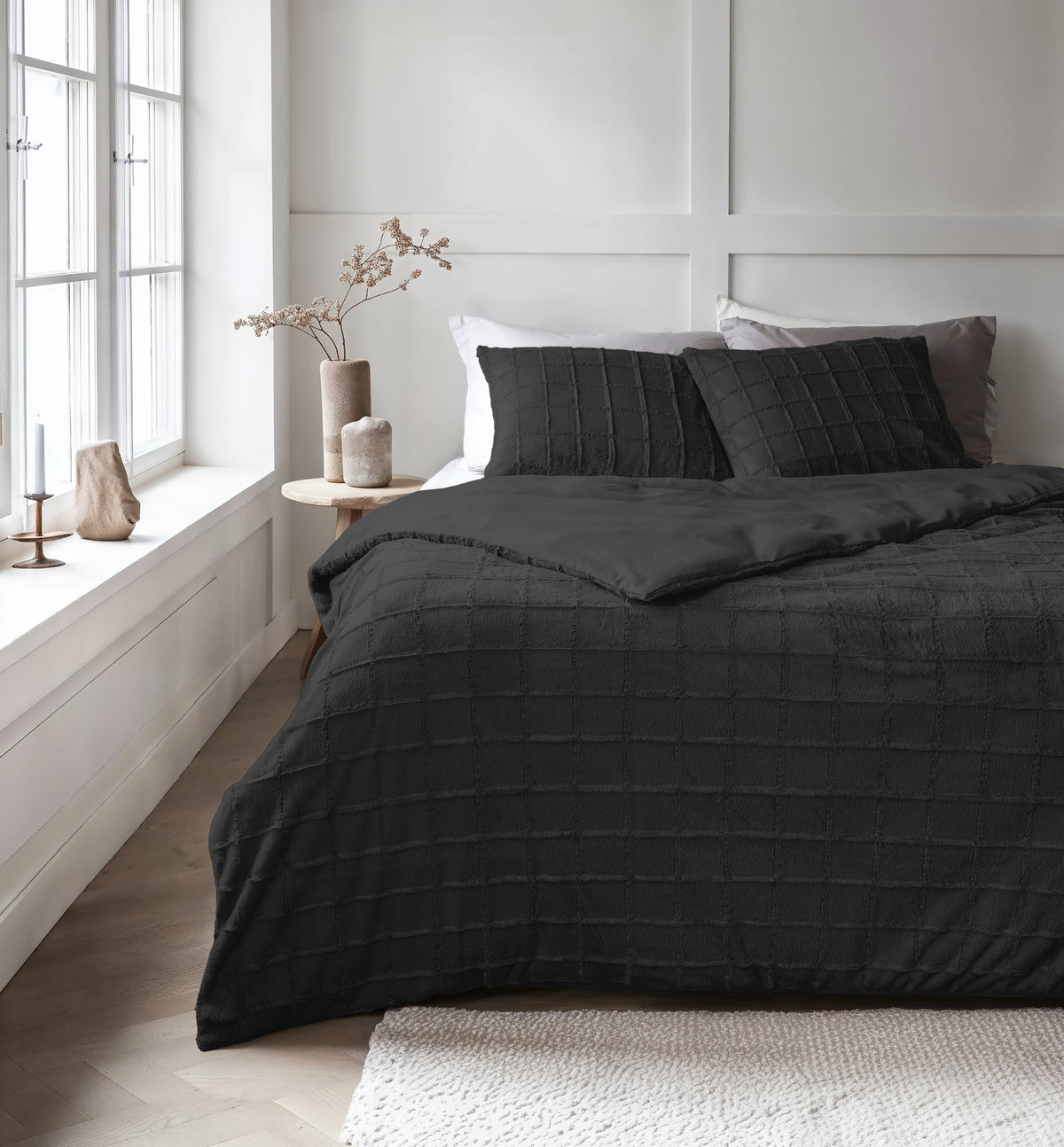 Dekbedovertrek teddy imitatiebont geruit zwart 240 x 200/220 cm, met kussenslopen voor de slaapkamer