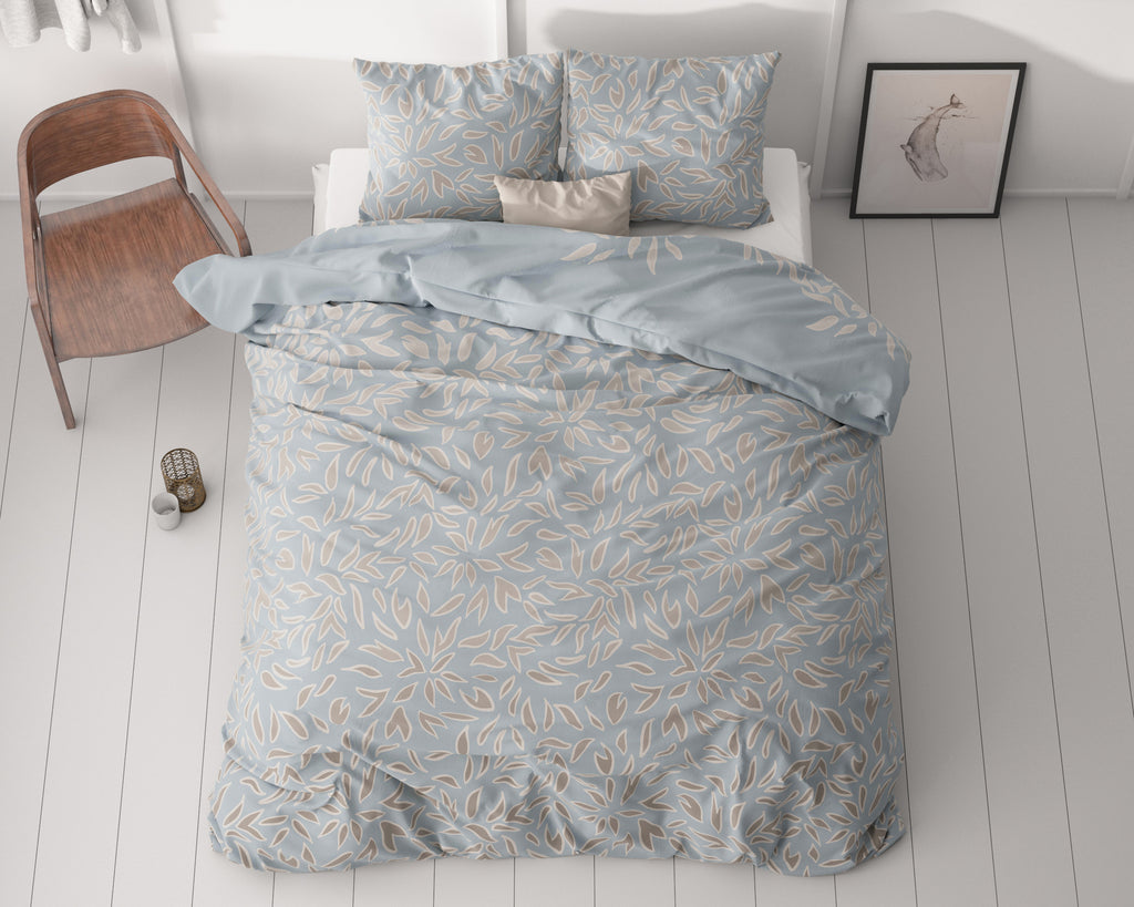 Dekbedovertrek microvezel polyester Belia blauw met bladprint 240 x 220 cm, met 2 kussenslopen