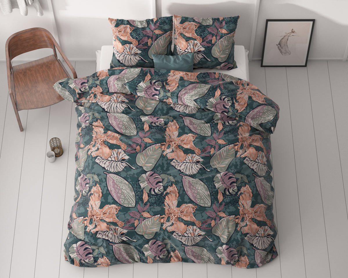 Dekbedovertrek microvezel polyester bladprint groen 240 x 220 cm, met 2 kussenslopen voor de slaapkamer