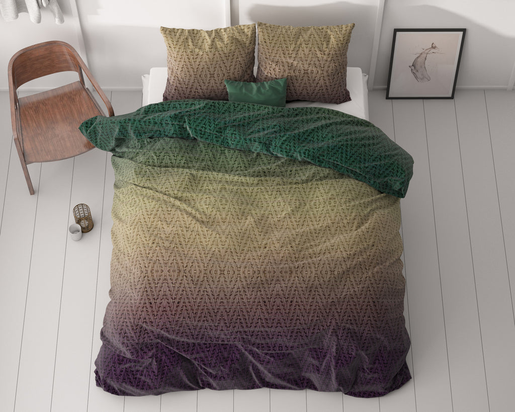 Dekbedovertrek microvezel polyester groen bruin gebreid motief 200 x 220 cm, met 2 kussenslopen