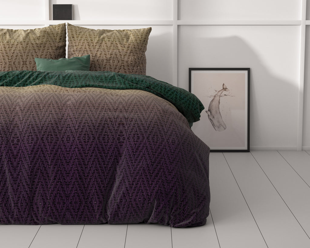 Dekbedovertrek microvezel polyester groen bruin gebreid motief 200 x 220 cm, met 2 kussenslopen