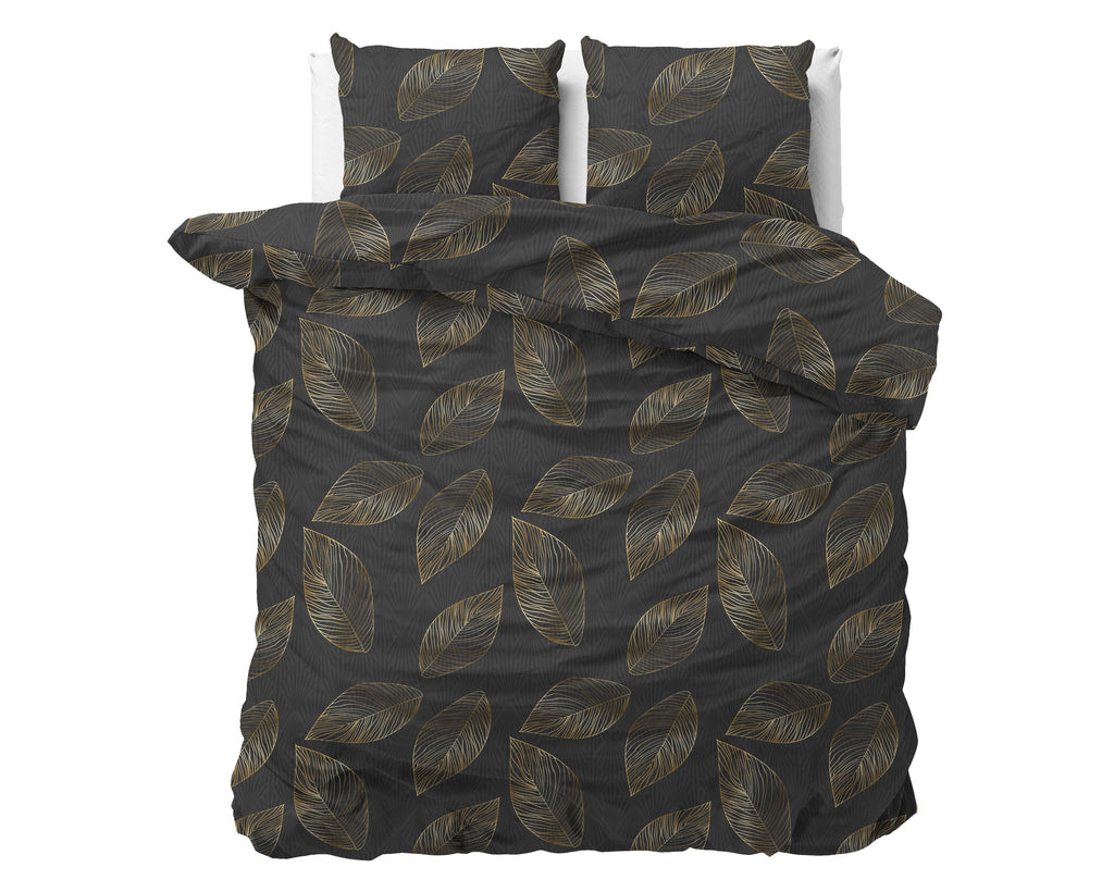 Dekbedovertrek microvezel antraciet met gouden bladeren 200 x 220 cm, met 2 kussenslopen 60 x 70 cm