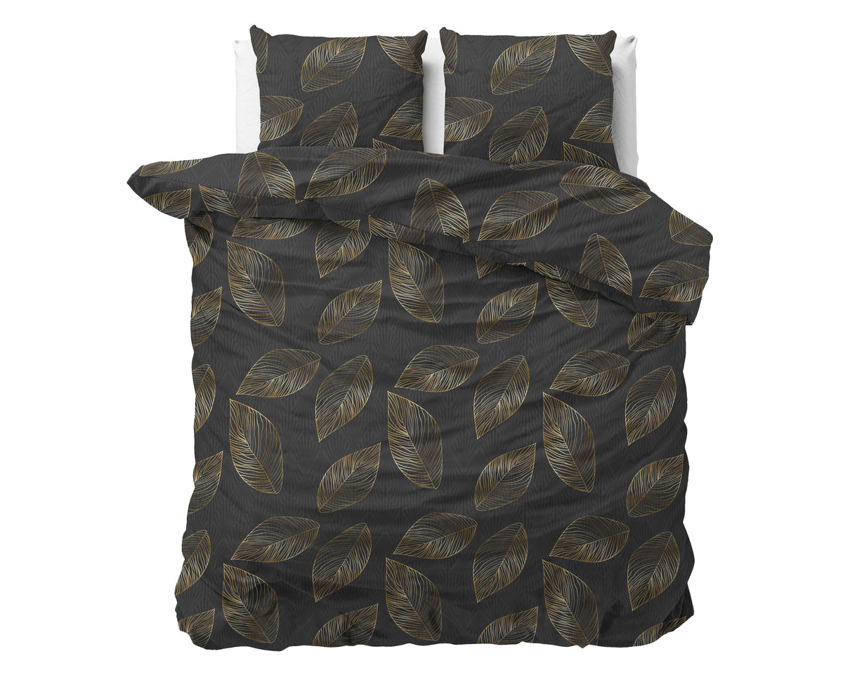 Dekbedovertrek microvezel antraciet met gouden bladeren 200 x 220 cm, met 2 kussenslopen 60 x 70 cm