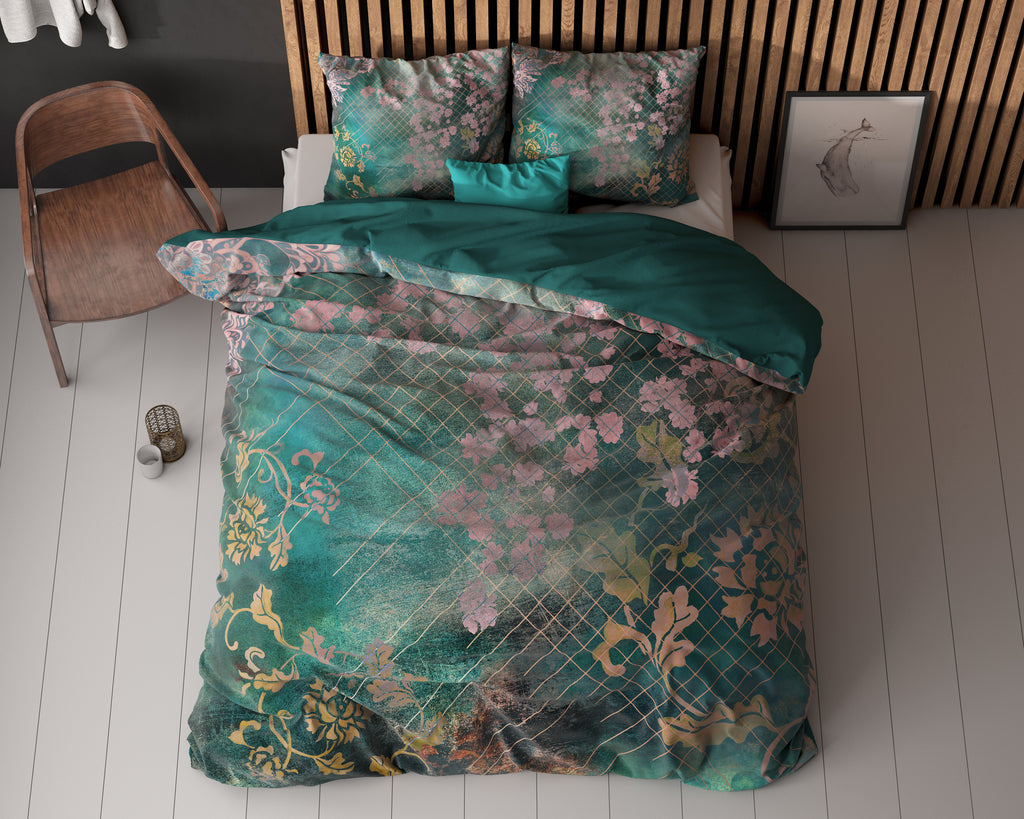 Dekbedovertrek Raddison bloemenprint groen met roze en goud 200 x 200/220 cm voor de slaapkamer