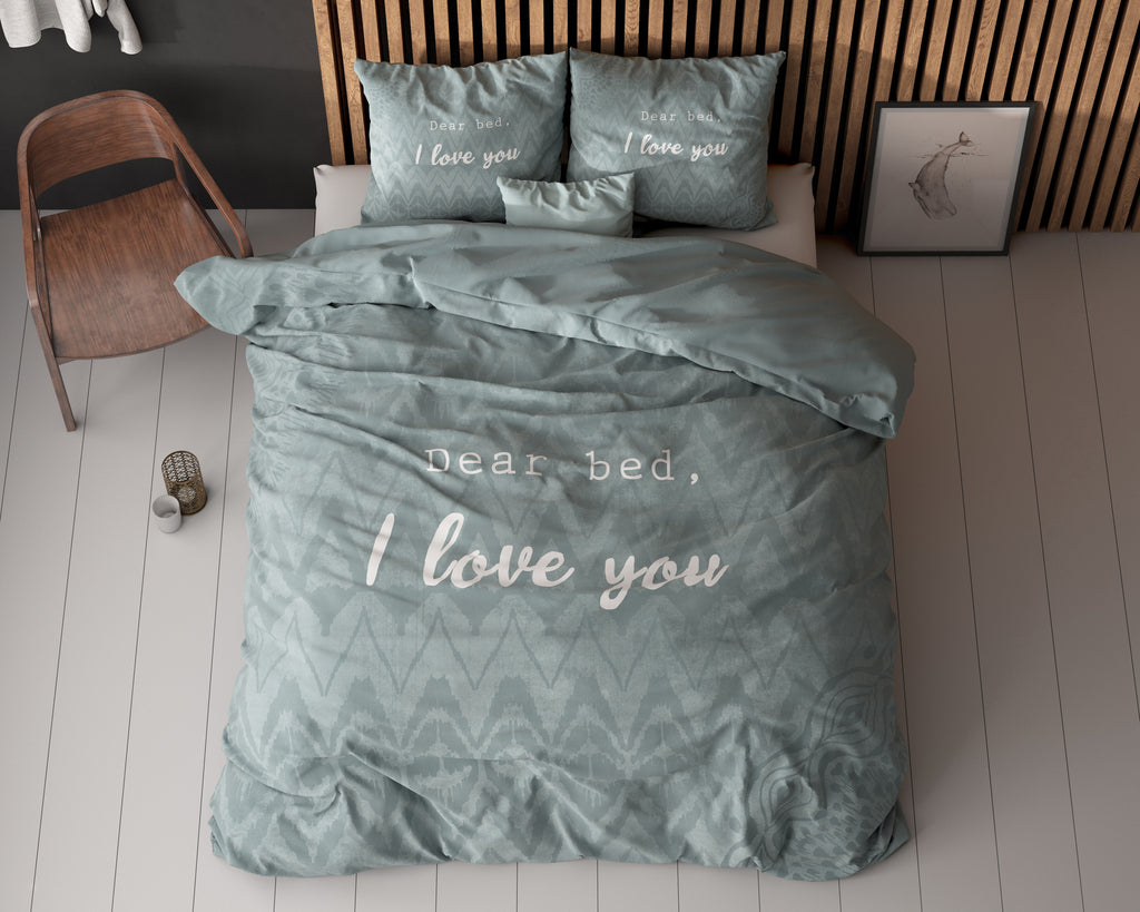 Dekbedovertrek I Love Bed groen met tekstprint Dear bed, I love you, 200 x 200/220 cm, voor de slaapkamer