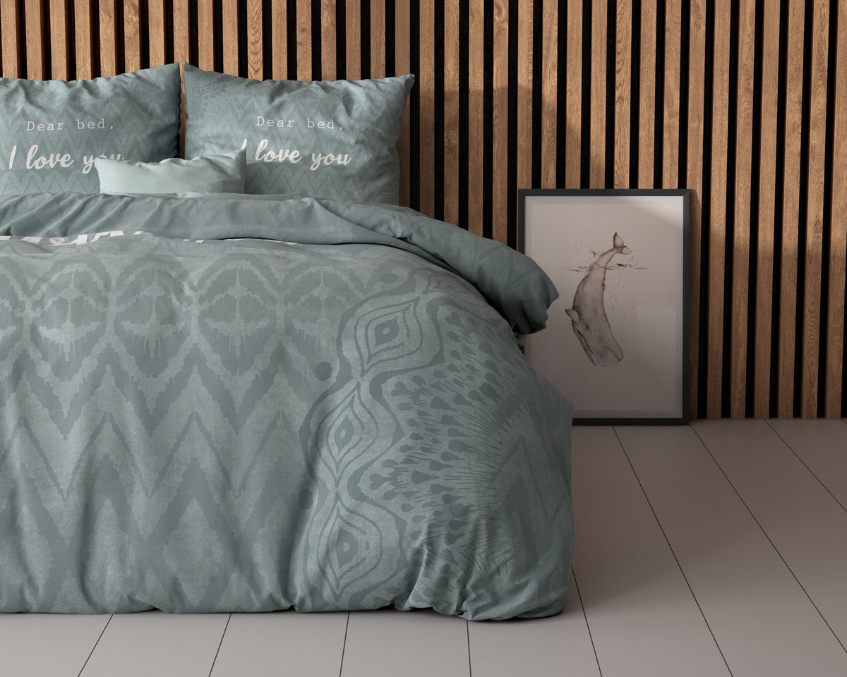 Dekbedovertrek I Love Bed groen met tekstprint Dear bed, I love you, 200 x 200/220 cm, voor de slaapkamer