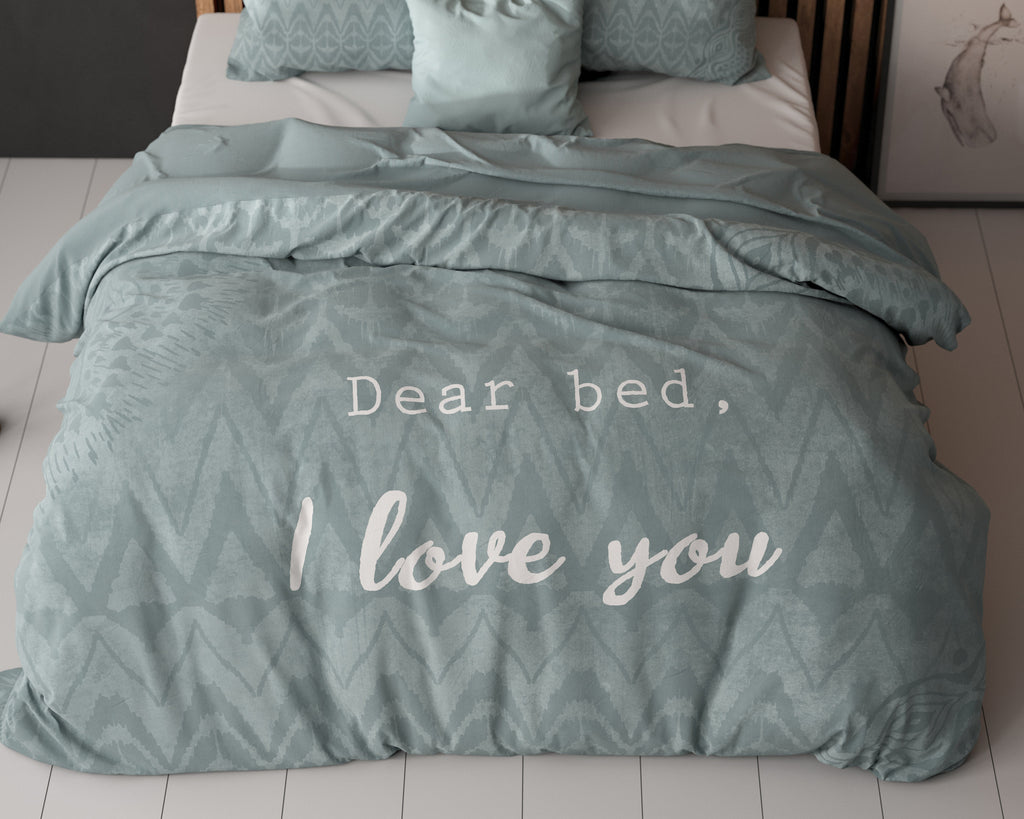 Dekbedovertrek I Love Bed groen met tekstprint Dear bed, I love you, 200 x 200/220 cm, voor de slaapkamer