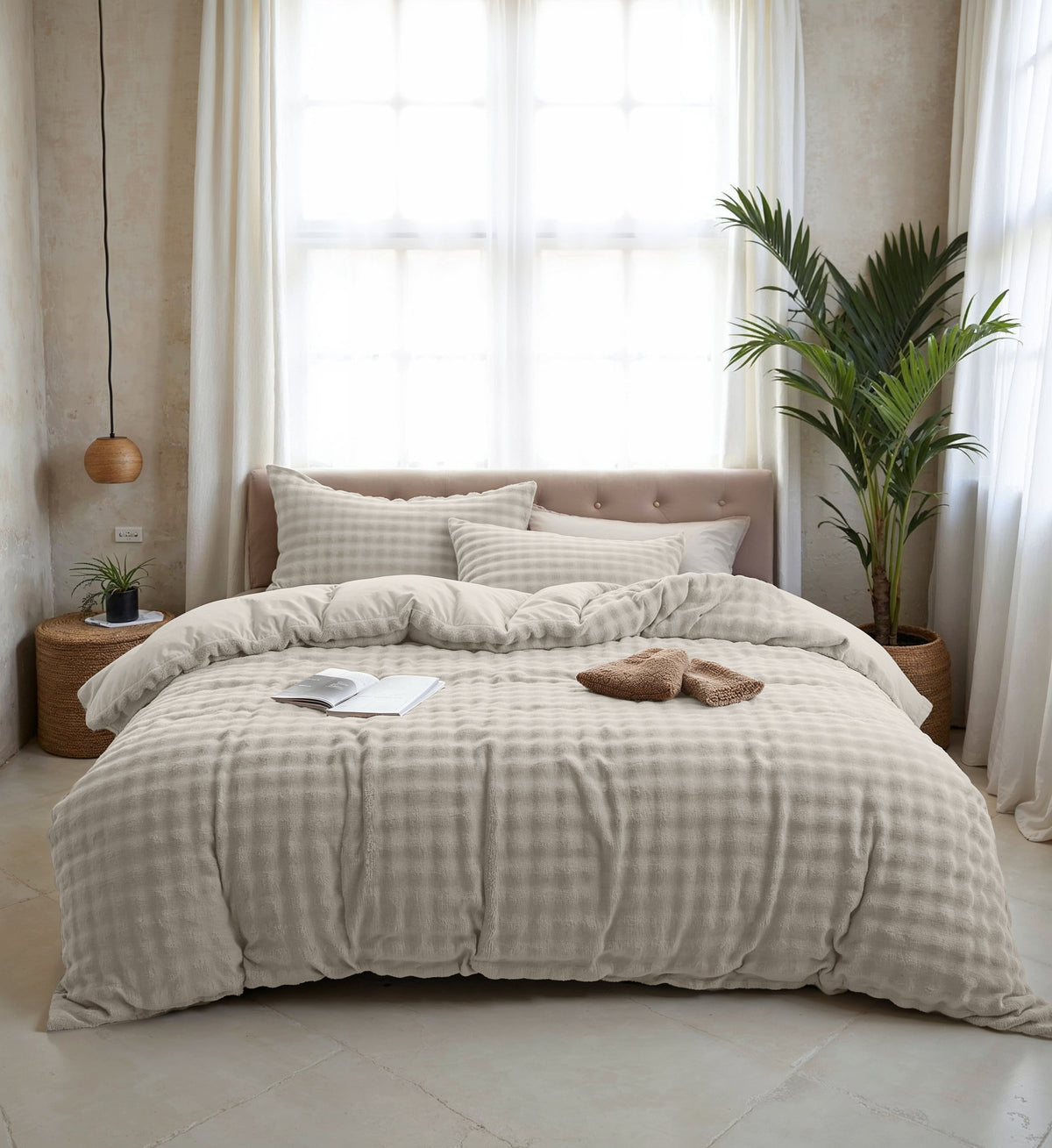 Beige pompom dekbedovertrek met twee kussens op een bed met gestoffeerd hoofdbord voor een raam met gordijnen
