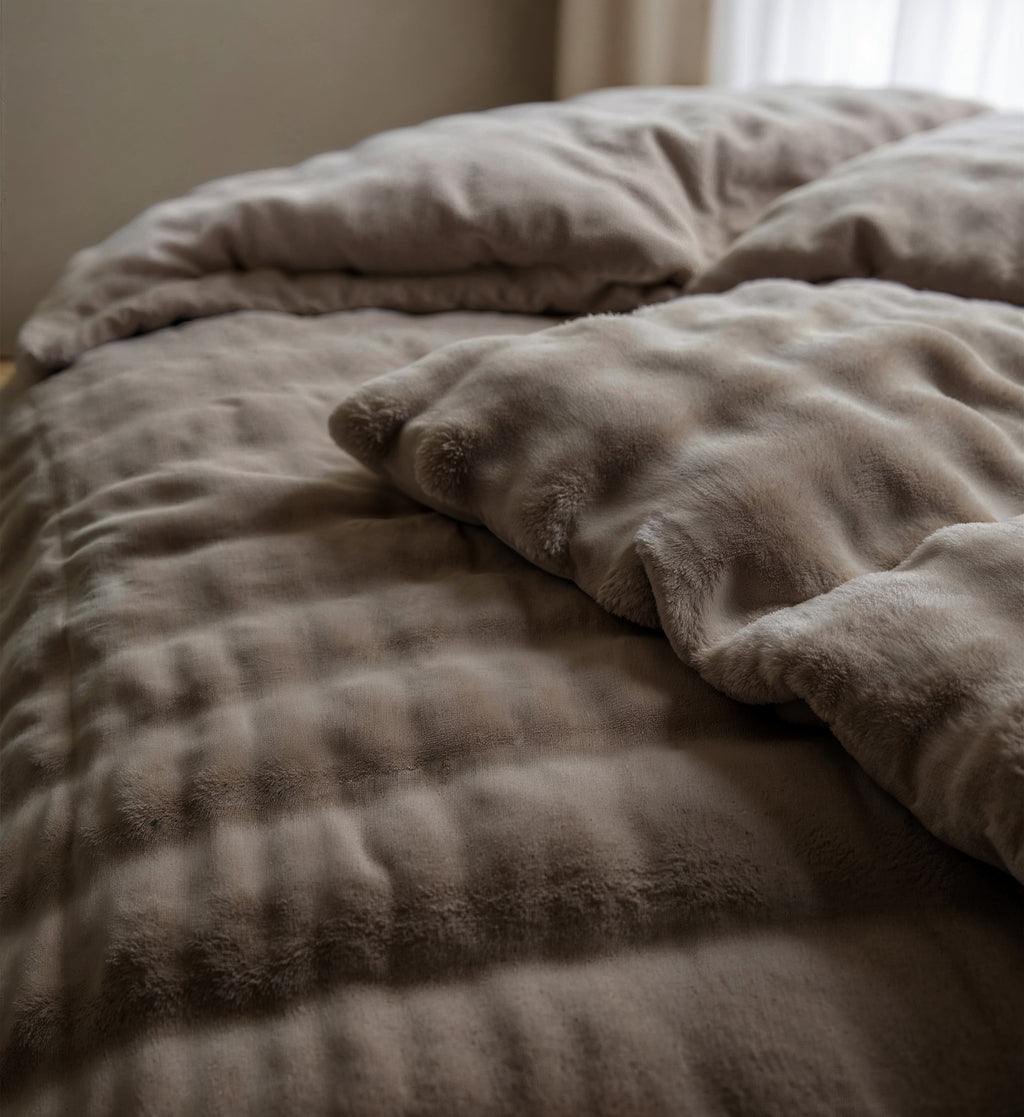 Dekbedovertrek pompon flanel fleece taupe 240 x 220 cm, met microfiber onderzijde en kussenslopen