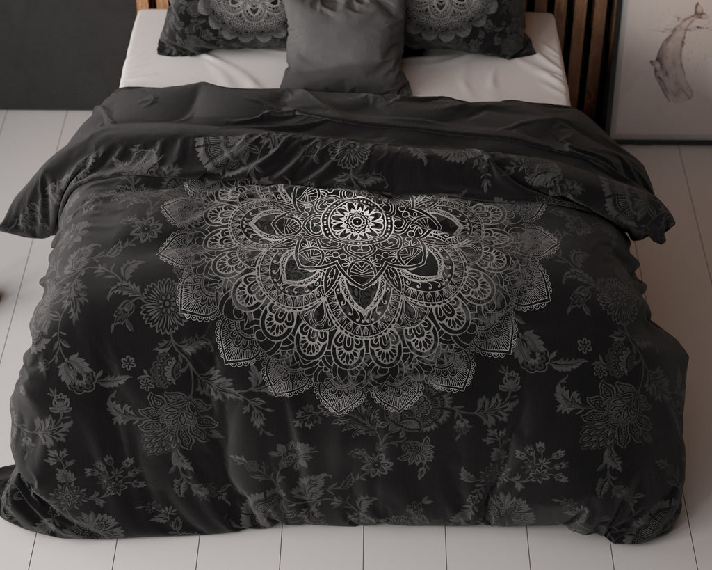 Dekbedovertrek Katinka antraciet met mandala en bloemenprint, 240 x 200/220 cm, slaapkamer