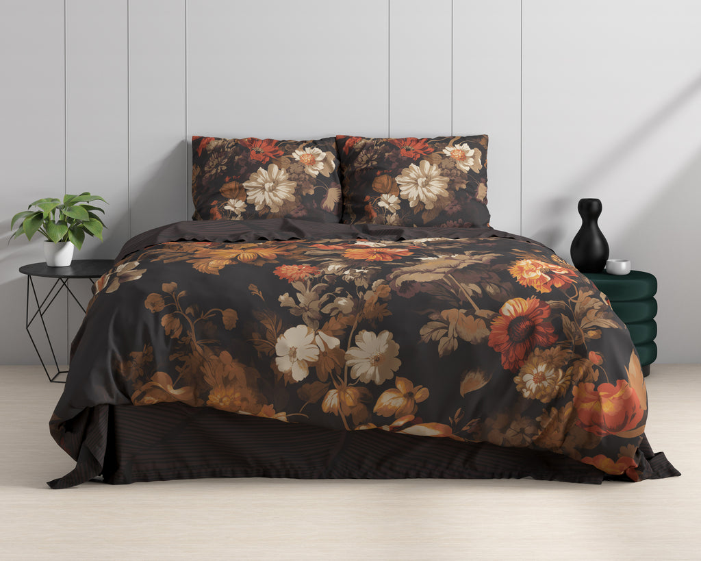Dekbedovertrek katoen bloemenprint bruin 200 x 220 cm, met 2 kussenslopen 60 x 70 cm voor de slaapkamer
