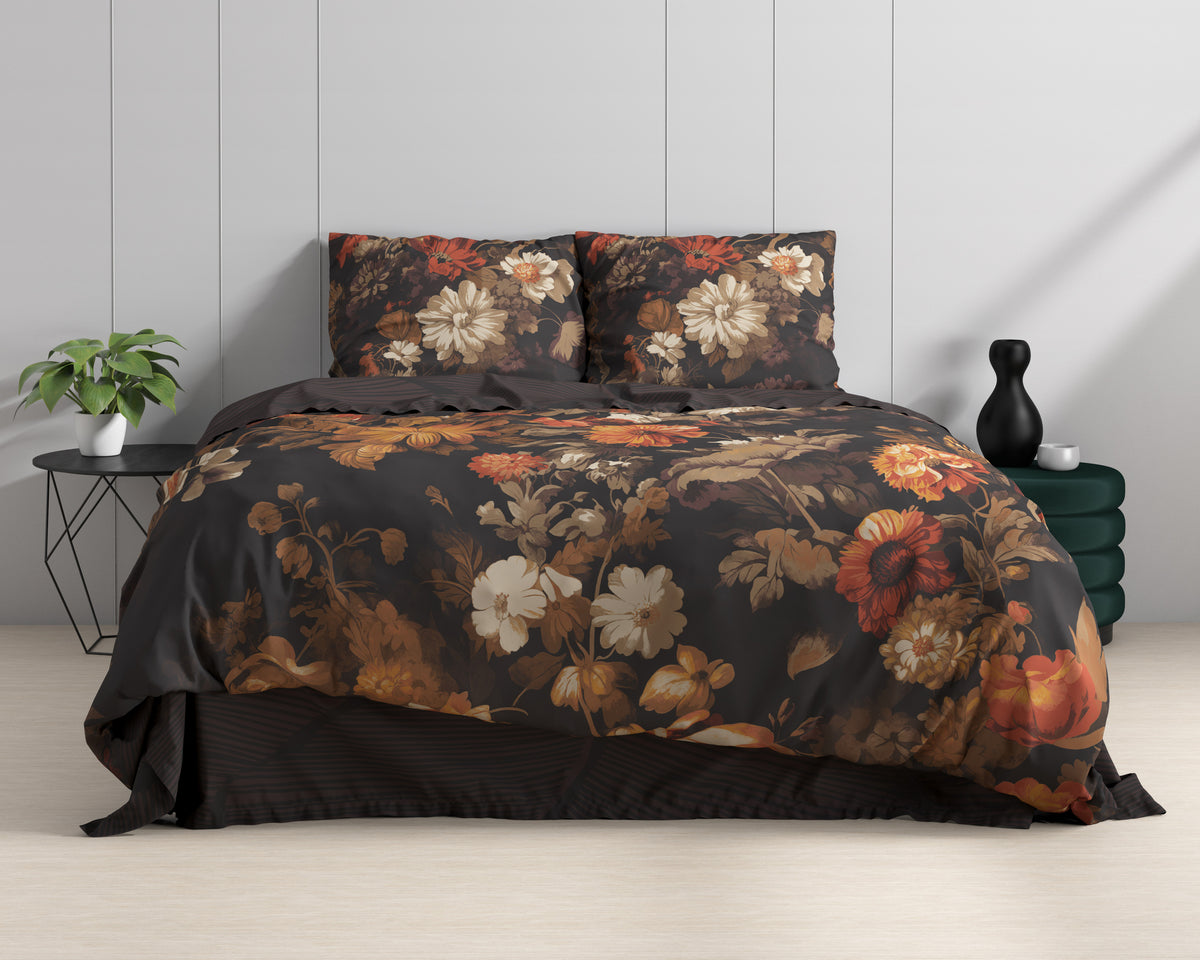 Dekbedovertrek katoen bloemenprint bruin 200 x 220 cm, met 2 kussenslopen 60 x 70 cm voor de slaapkamer