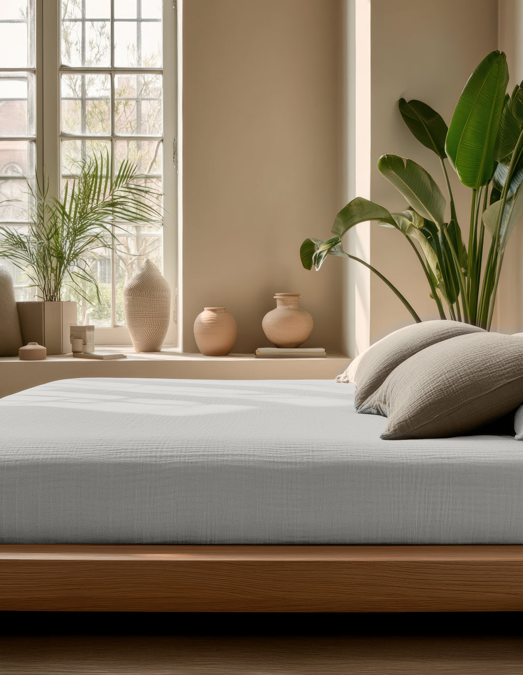 Hoeslaken katoen mousseline crème 140 x 200 cm, hoekhoogte 30 cm, voor matras en boxspring