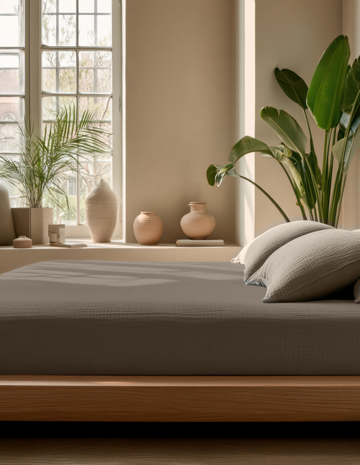 Hoeslaken katoen mousseline taupe 140 x 200 cm, hoekhoogte 30 cm, voor matras en boxspring