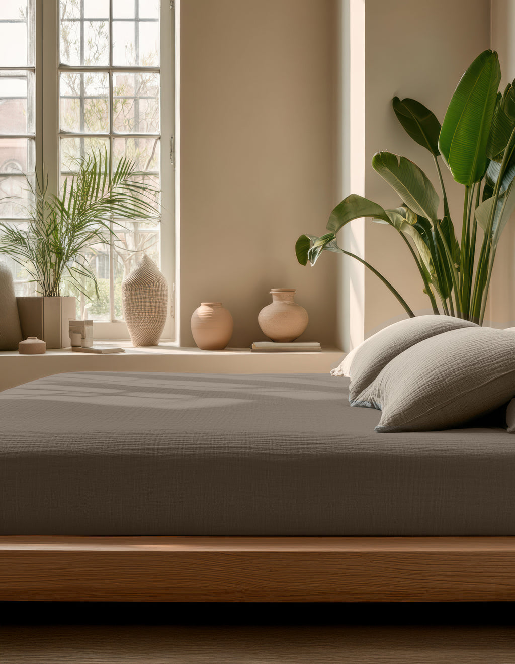 Hoeslaken katoen mousseline taupe 160 x 200 cm, hoekhoogte 30 cm, voor matras en boxspring
