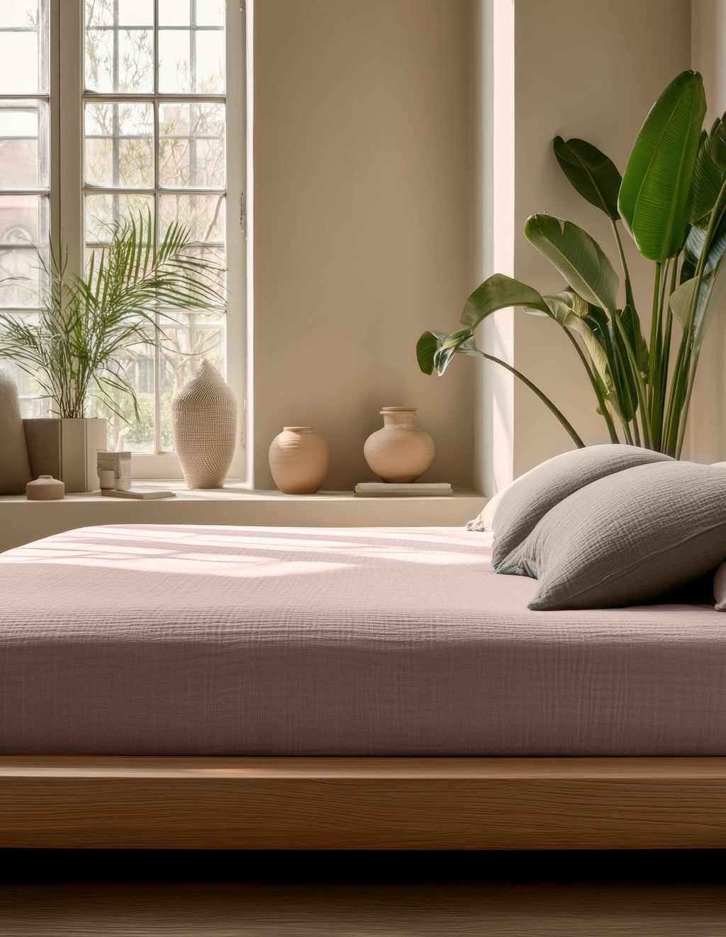 Hoeslaken katoen mousseline blushroze 180 x 200 cm, hoekhoogte 30 cm, slaapkamer