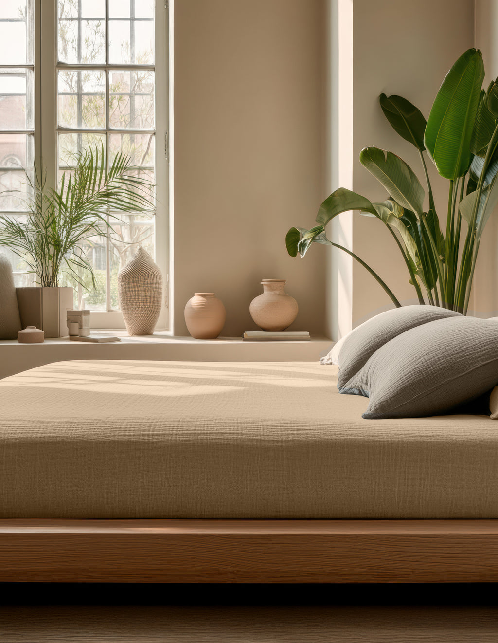 Hoeslaken katoen mousseline zand 140 x 200 cm, hoekhoogte 30 cm, voor matras en boxspring